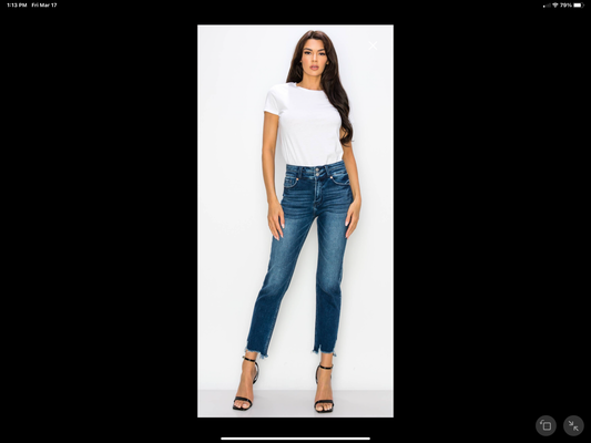 High Rise Double Waist Band Straight Raw Hem Jeans