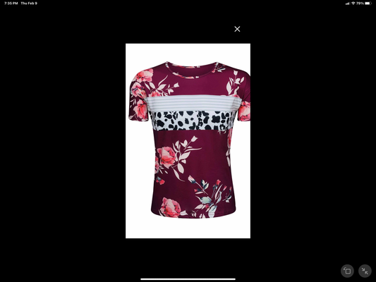 Floral burgundy striped cow print top