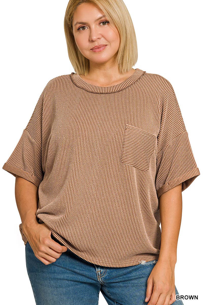Plus Raised Rib Short Sleeve Front Pocket Top - Zenana