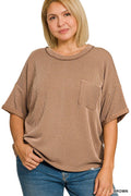 Plus Raised Rib Short Sleeve Front Pocket Top - Zenana