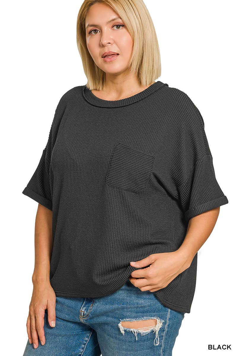 Plus Raised Rib Short Sleeve Front Pocket Top - Zenana