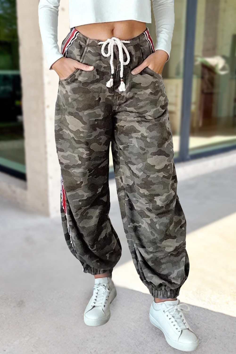 Camo Print Striped Side Drawstring Pants | S-XL