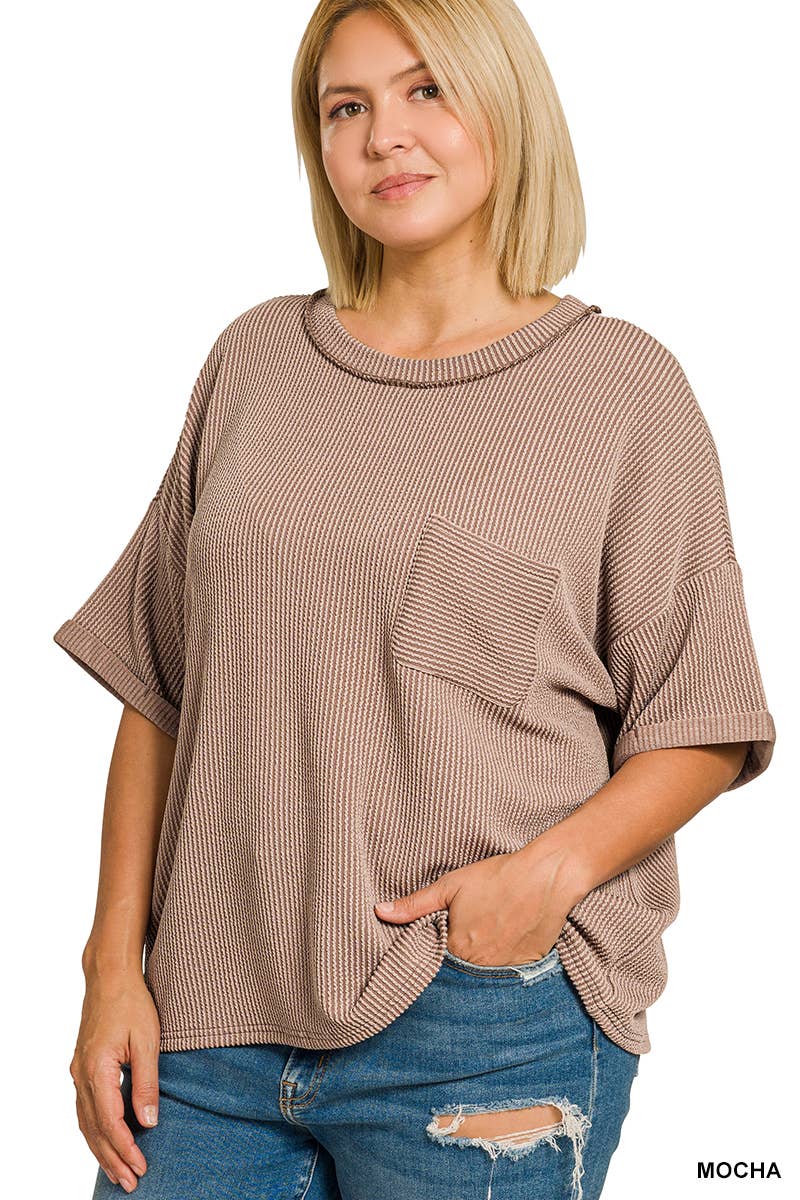 Plus Raised Rib Short Sleeve Front Pocket Top - Zenana