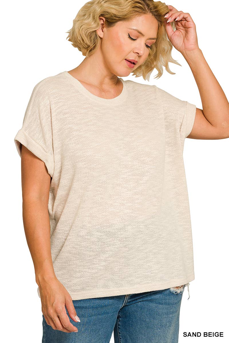 Plus Hacci Slub Rolled Up Sleeve Tee - Zenana