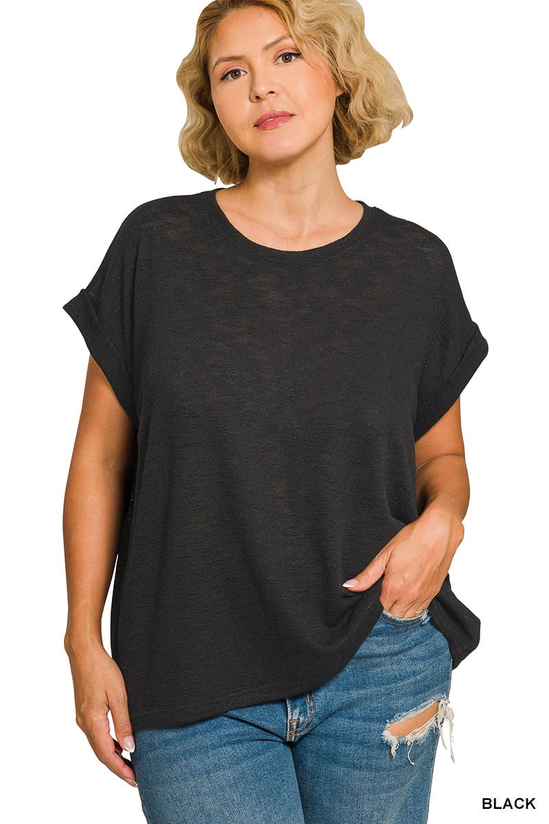 Plus Hacci Slub Rolled Up Sleeve Tee - Zenana