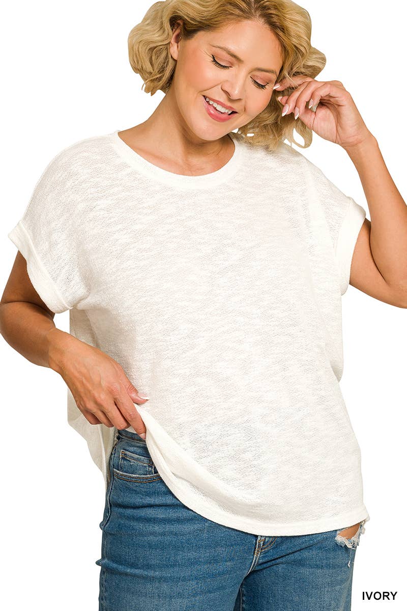 Plus Hacci Slub Rolled Up Sleeve Tee - Zenana