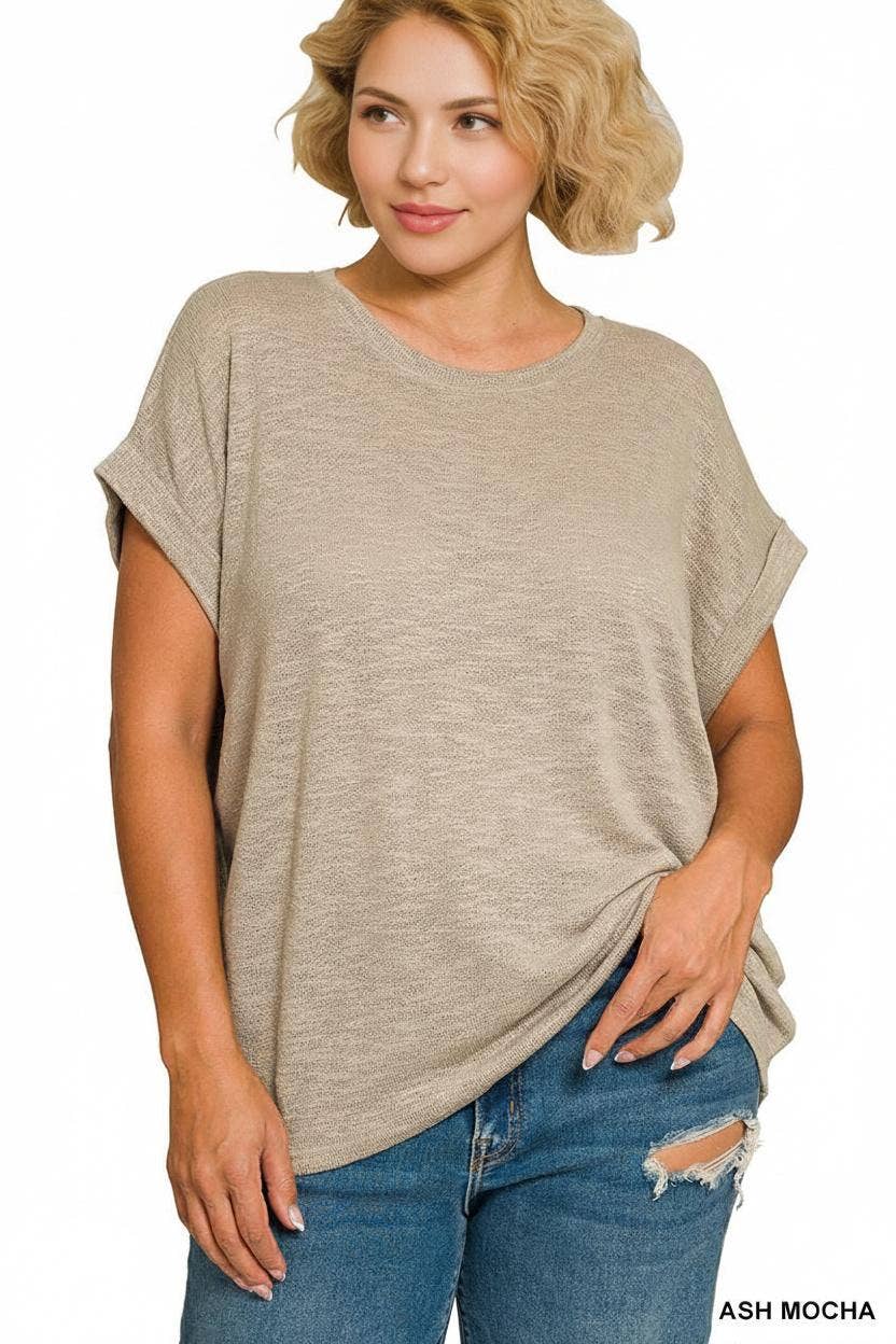 Plus Hacci Slub Rolled Up Sleeve Tee - Zenana