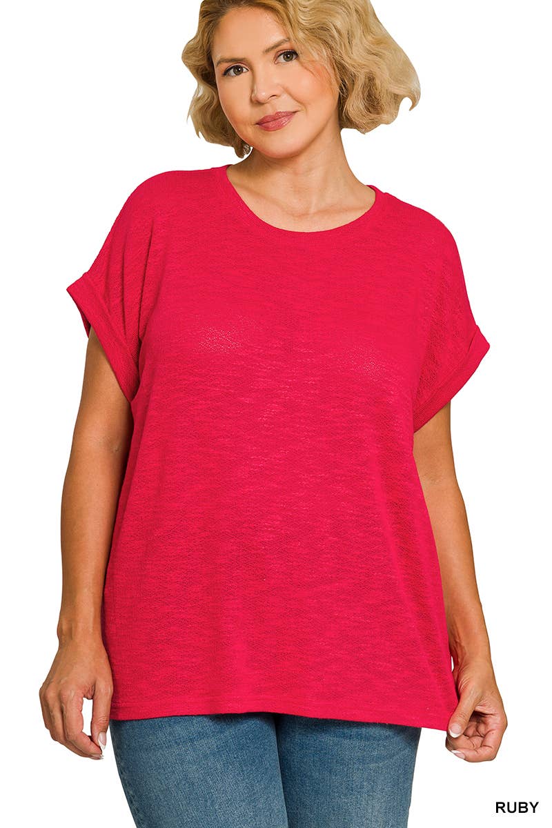 Plus Hacci Slub Rolled Up Sleeve Tee - Zenana