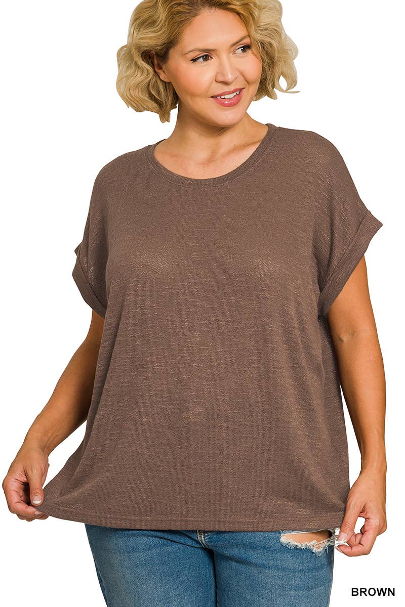 Plus Hacci Slub Rolled Up Sleeve Tee - Zenana