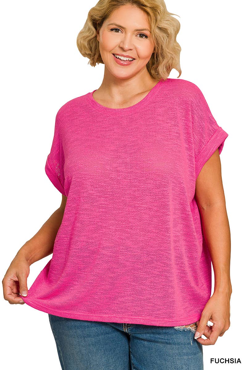 Plus Hacci Slub Rolled Up Sleeve Tee - Zenana