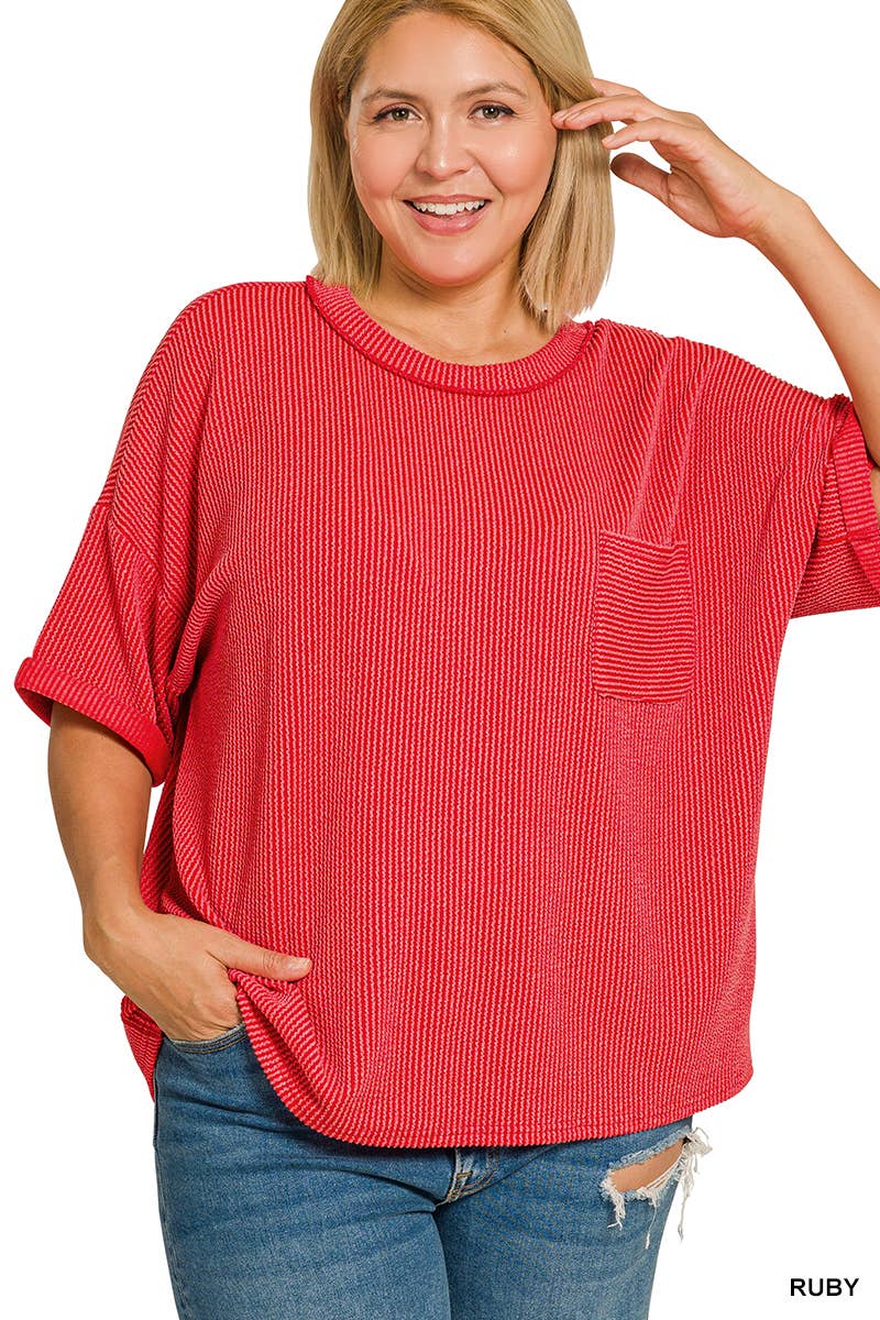 Plus Raised Rib Short Sleeve Front Pocket Top - Zenana