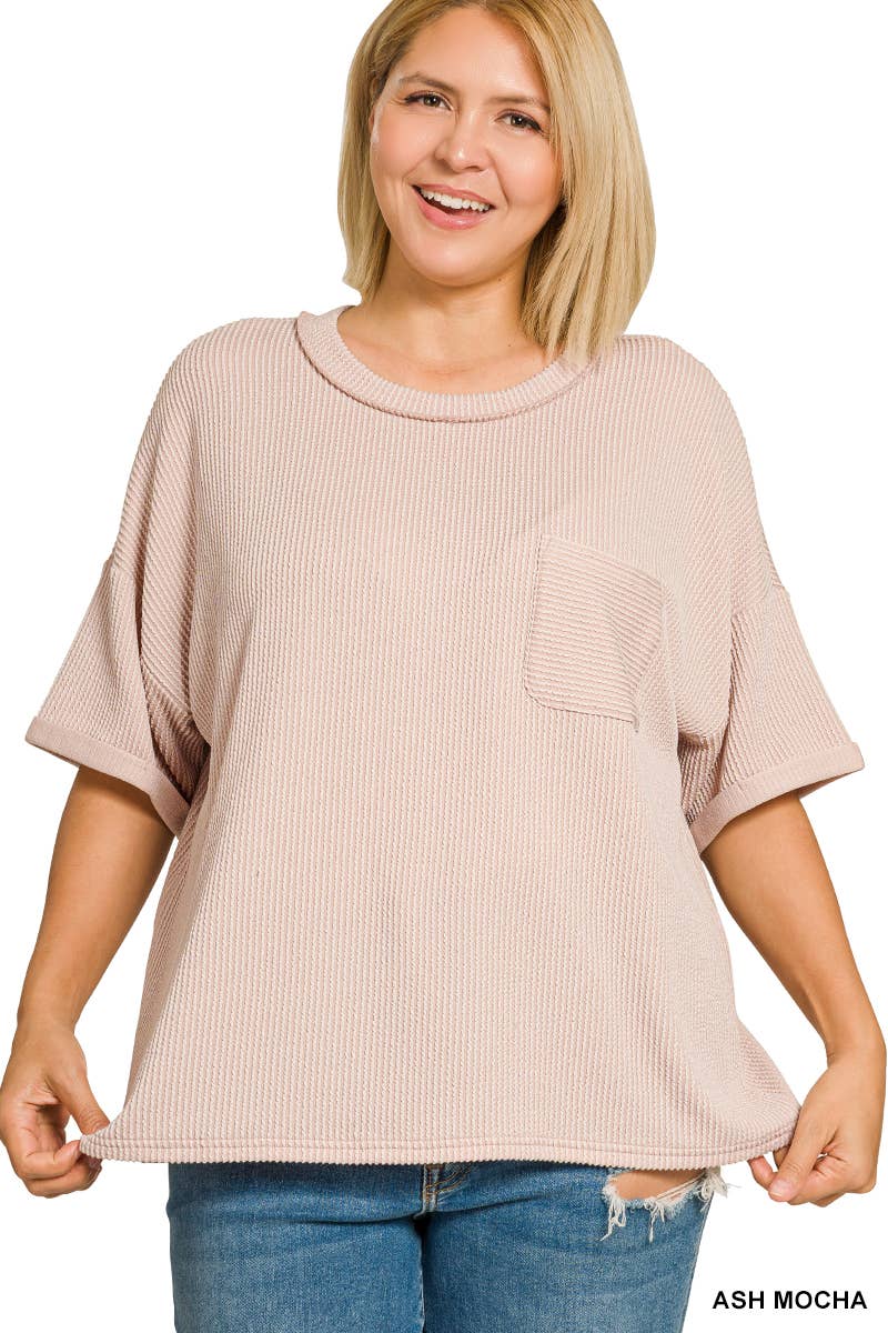 Plus Raised Rib Short Sleeve Front Pocket Top - Zenana
